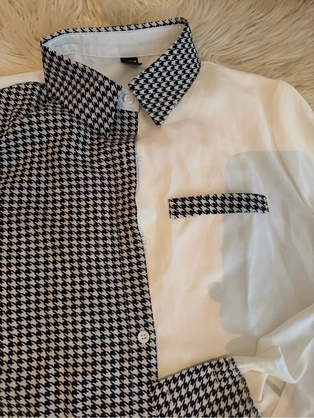 Shein Women's Two-Tone Houndstooth Contrast Button-Up Shirt - White/Black